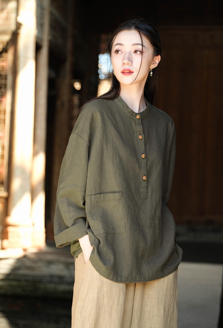 Women's Linen Blend Stand Collar Button Up Pullover Blouse Top_voghion.com