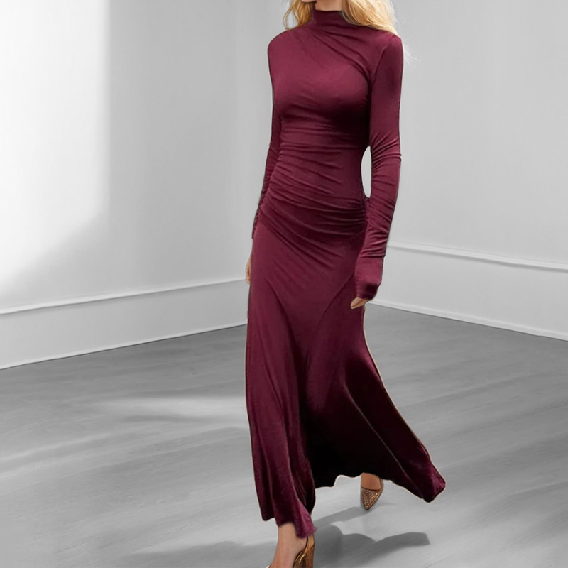 Elegantes, einfarbiges, gerafftes, figurbetontes Langarmkleid für Damen (Frühjahr 2026) – Neue europäische und amerikanische Modetrends_voghion.com