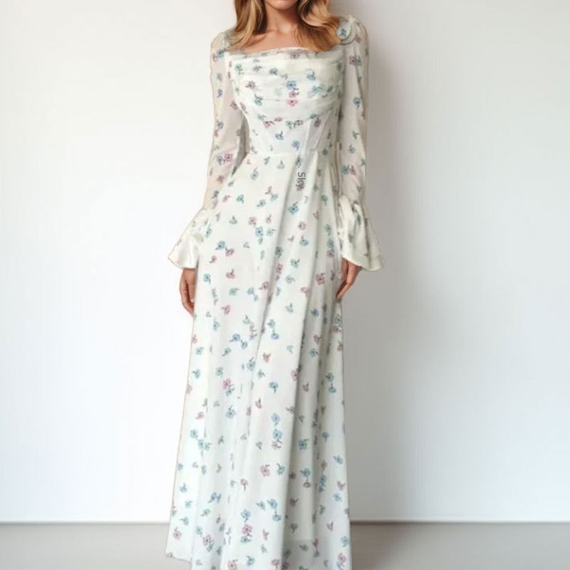 2026 European And American Women's Fashion Spring New Style Elegant Printed Bell Sleeve Slim Fit Layered Dress_voghion.com