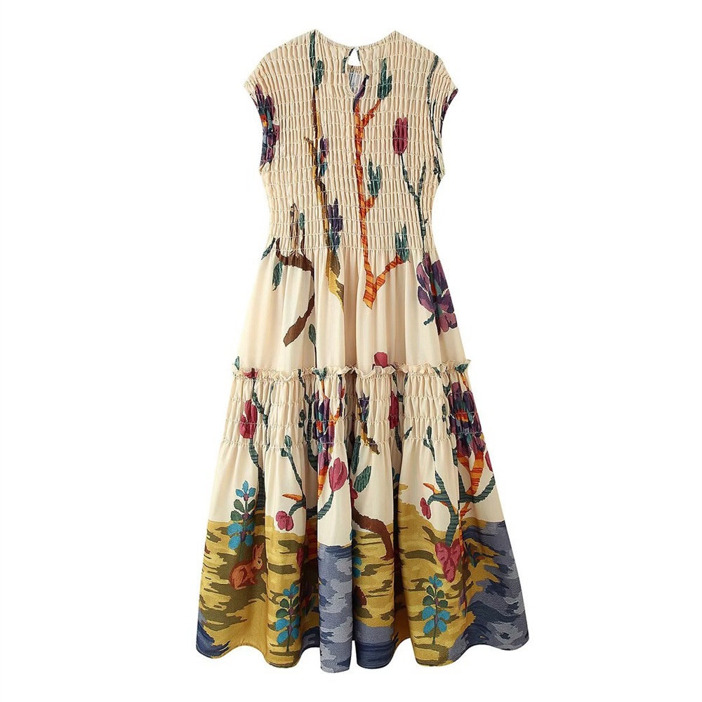 Elegantes und vielseitiges ärmelloses Sommerkleid im europäisch-amerikanischen Stil aus Baumwoll-Leinen-Mischgewebe mit Raffungen, schmaler Passform und Print._voghion.com