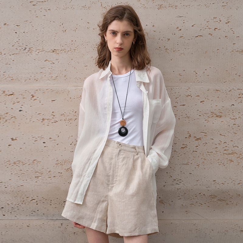 100% Long-sleeve Collared Shirt, Breathable, New Spring/summer Style, Slimming Casual, Light And Airy Women's Ramie Sun Shirt_voghion.com