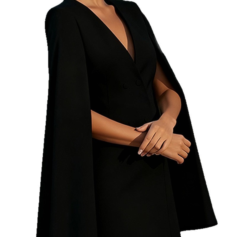 2026 Spring European And American Cross-Border Commuting Double-Breasted Shawl Cape Solid Color Suit Dress_voghion.com