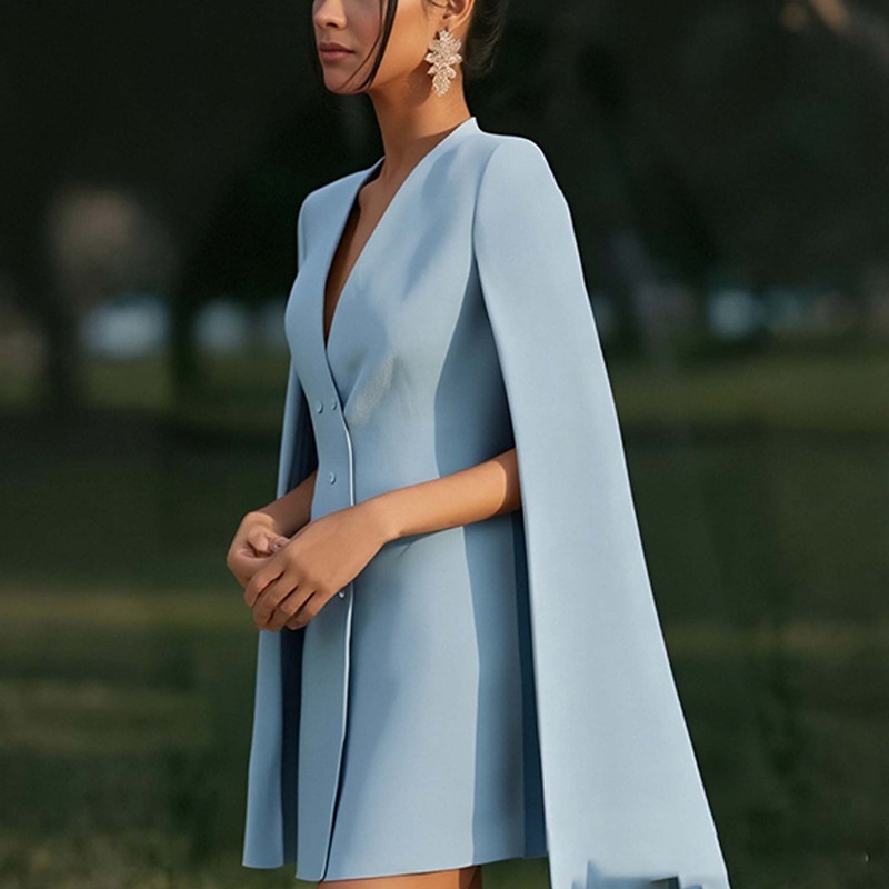 2026 Spring European And American Cross-Border Commuting Double-Breasted Shawl Cape Solid Color Suit Dress_voghion.com