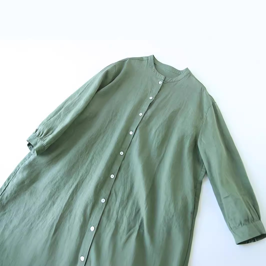2022 Japanese Artistic Stand-Collar Long Shirt Pure Linen Forest Style Loose Cotton-Linen Dress_voghion.com