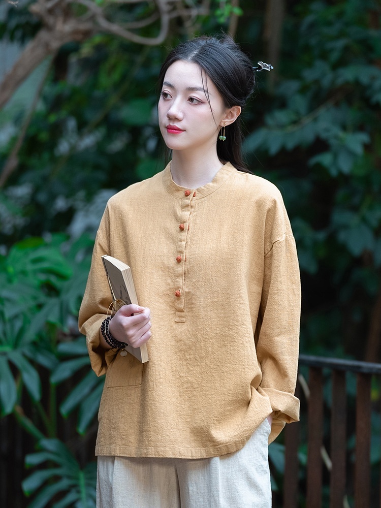 2026 Spring/Summer New Clothing: Linen Stand Collar Color-Block Button-Up Pullover Plus Size Top, Women's Cotton-Linen_voghion.com
