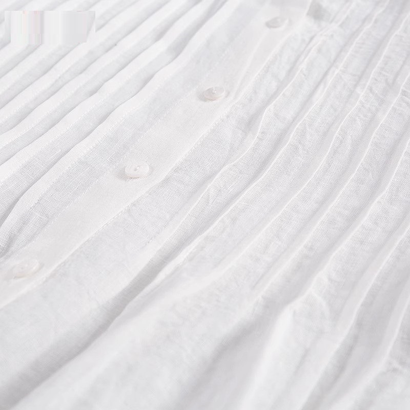 35592025 Spring/Summer Pleated Design Linen Sleeve Versatile Casual White Long Shirt Dress_voghion.com