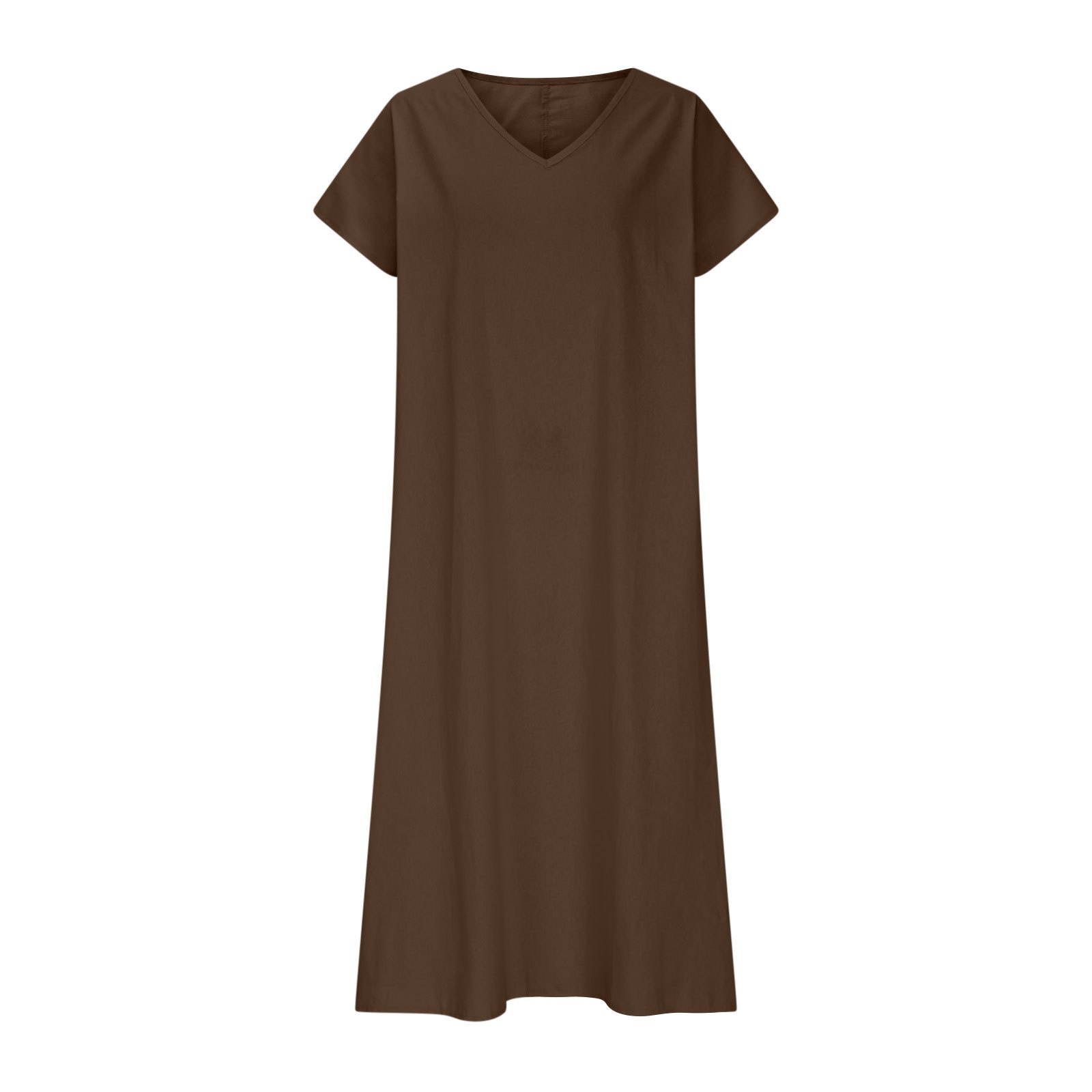 Damen Kleid Aus Baumwoll-leinen Mit V-ausschnitt Und Kurzen Ärmeln_voghion.com