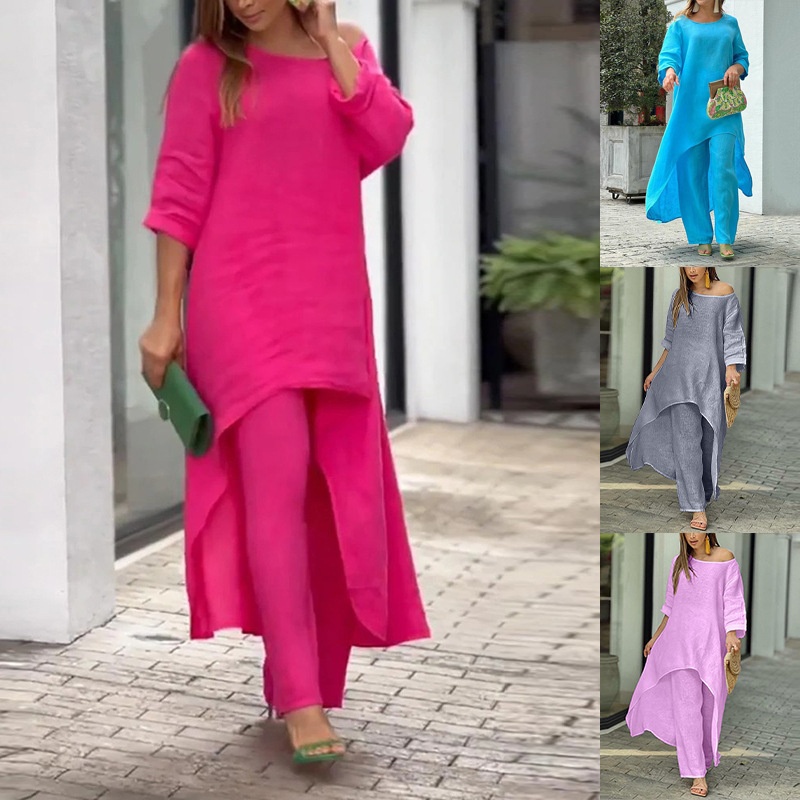 2026 Spring New Cross-Border European And American Women's Fashion Elegant Loose Solid Color Stylish Round Neck Wide-Leg_voghion.com