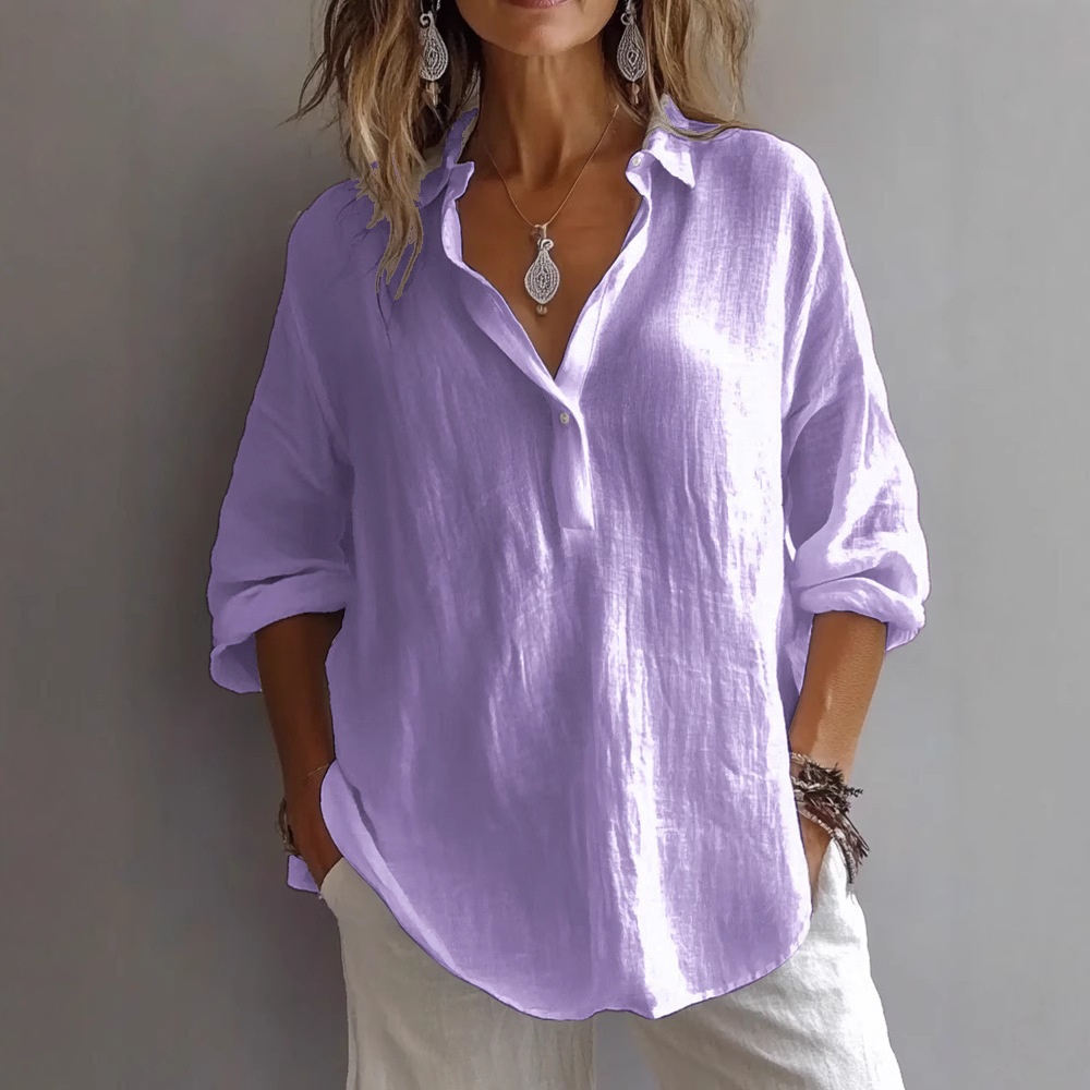 Loose V-neck Blouse For Women Solid Colour Long Sleeve Top_voghion.com
