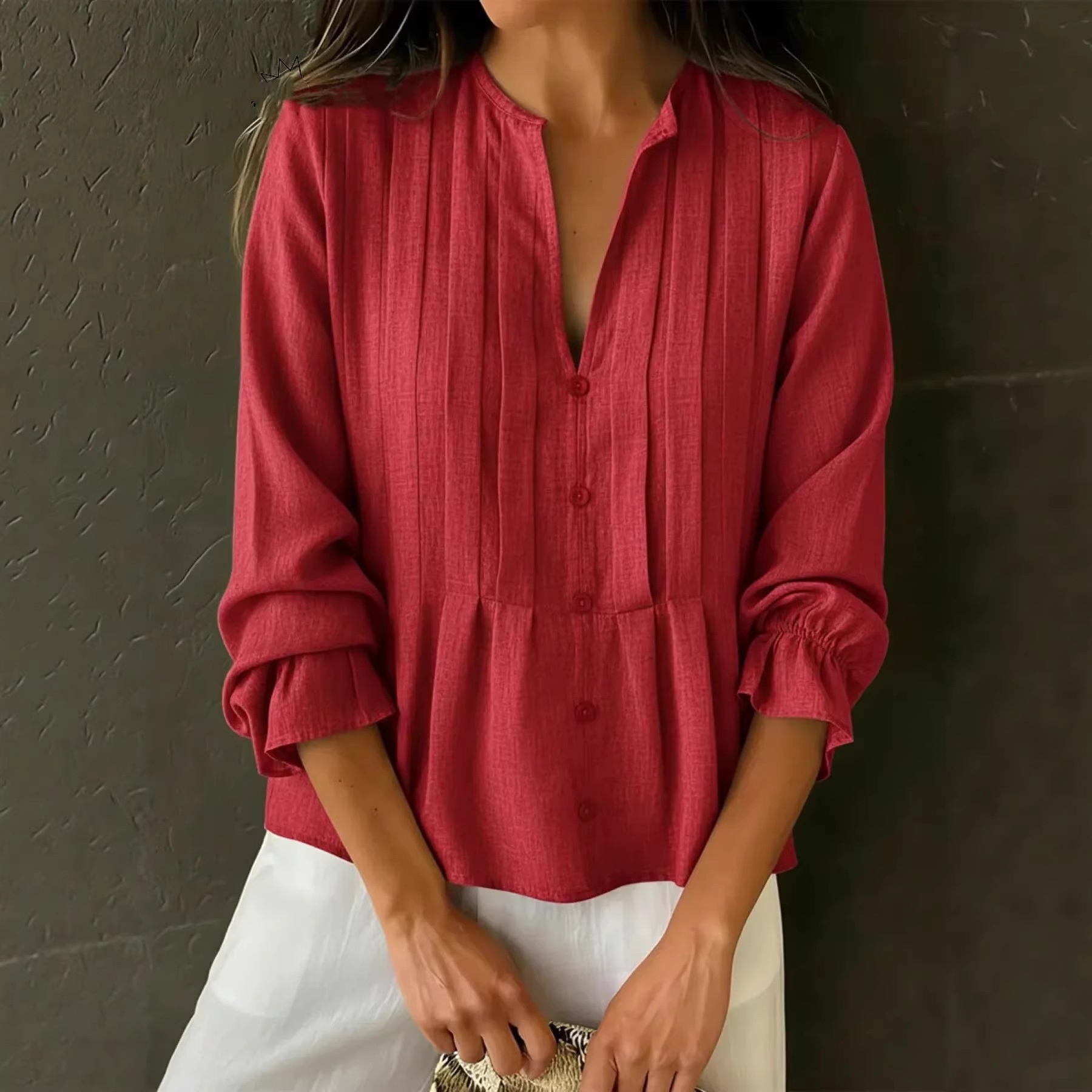 Cross-border European And American Women's Clothing 2025 Spring/Summer New Casual Solid Color V-neck Long-sleeve_voghion.com