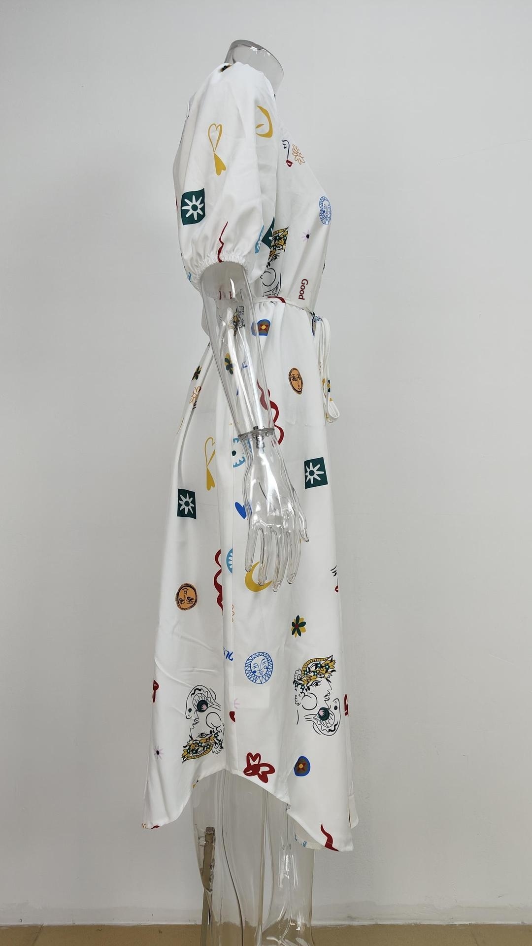 Women's Loose Printed Dress With Turn-down Collar And Bubble Sleeves_voghion.com