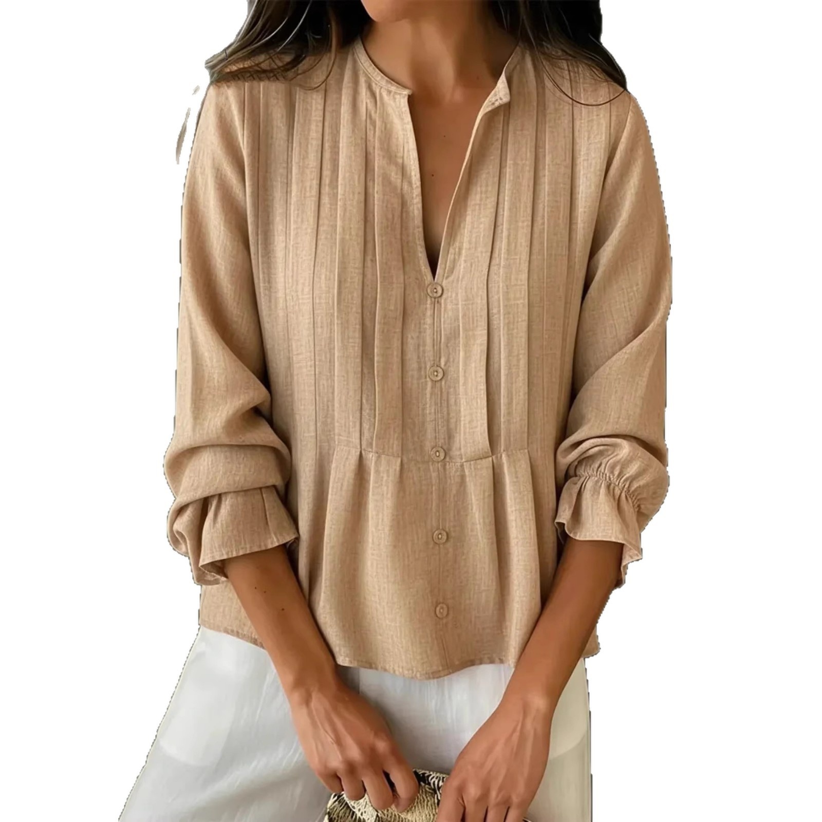 Cross-border European And American Women's Clothing 2025 Spring/Summer New Casual Solid Color V-neck Long-sleeve_voghion.com