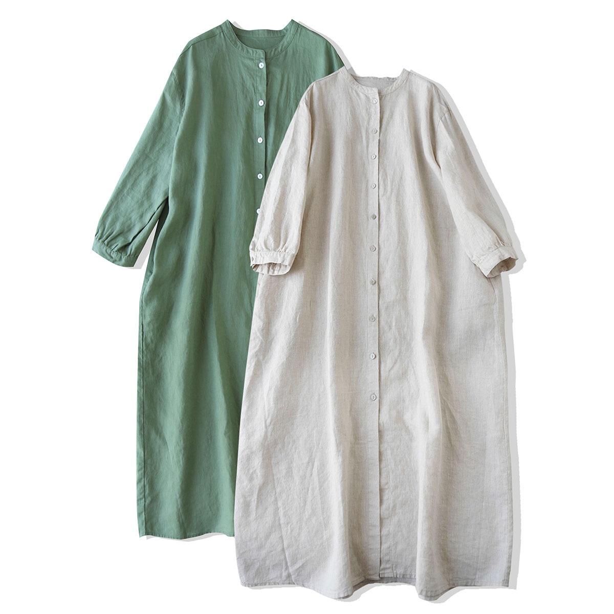 2022 Japanese Artistic Stand-Collar Long Shirt Pure Linen Forest Style Loose Cotton-Linen Dress_voghion.com