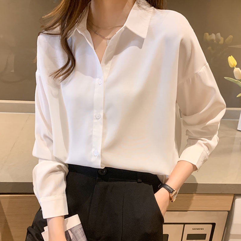 Spring And Autumn Loose Plus Size Solid Color Chiffon Blouse Women's Korean Casual Ins Hong Kong Style Long Sleeve Base_voghion.com
