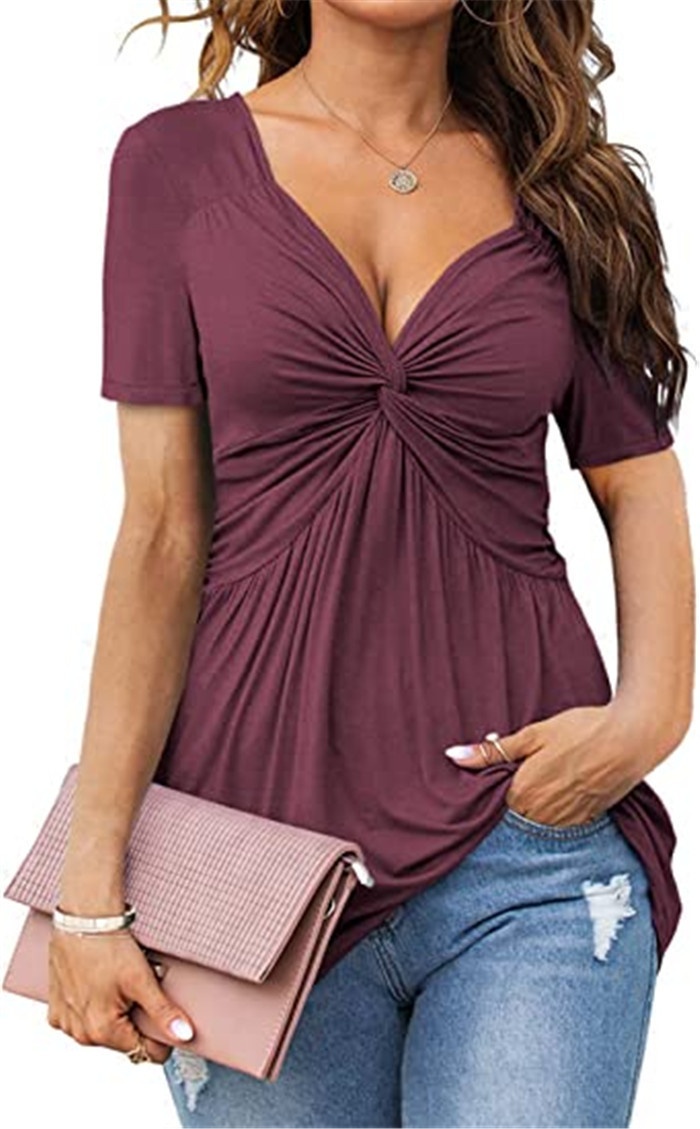 Elegantes Damen T-shirt Mit V-ausschnitt Und Front-twist Kurzarm_voghion.com