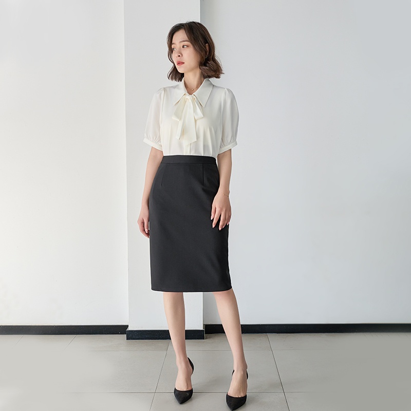 Camicia da donna in chiffon a maniche corte con fiocco, per abbigliamento professionale, bianca, con interno superiore, per colloqui_voghion.com