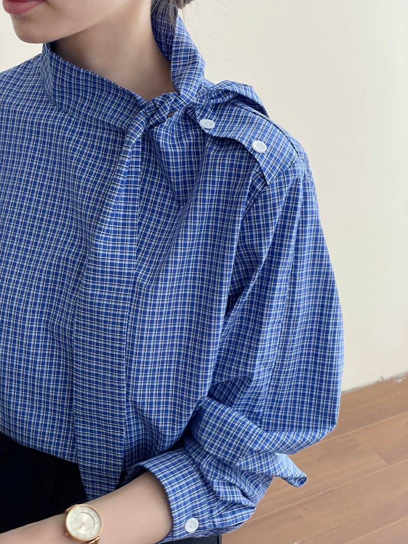 Camicia donna a quadri con lacci maniche lunghe blusa elegante_voghion.com