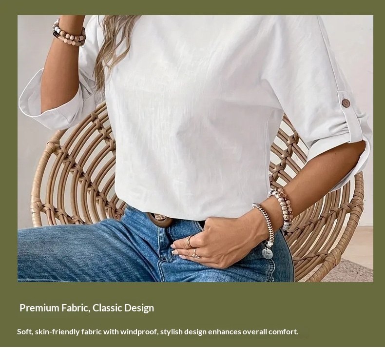 Chemise femme unie à col rond, design simple et tendance, élégante et polyvalente, à porter au quotidien._voghion.com