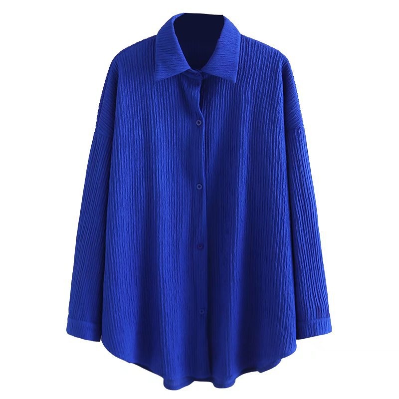 Plus-Size-Damenbluse im koreanischen Stil, Frühjahr 2025, lässig, mit Knittereffekt, einfarbig, langärmlig, Z47 836_voghion.com