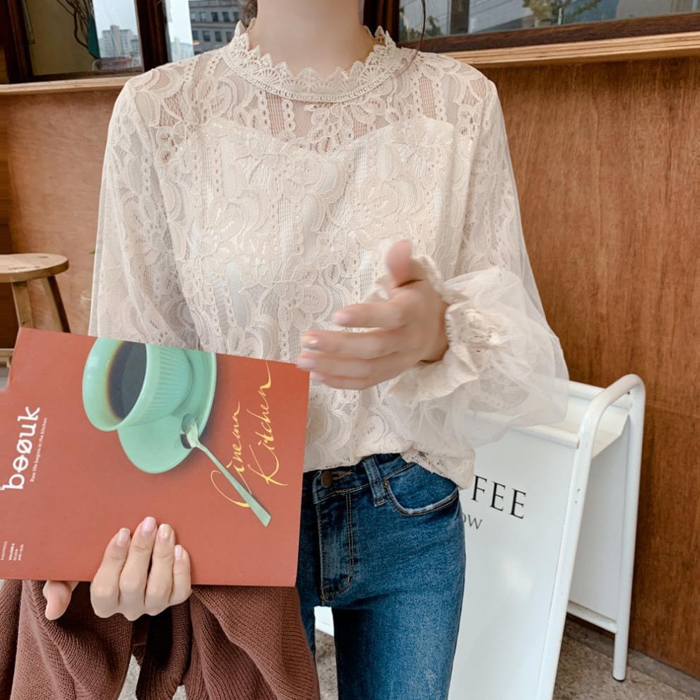 White Lace Blouse With Lantern Sleeves Korean Style Elegant Top_voghion.com