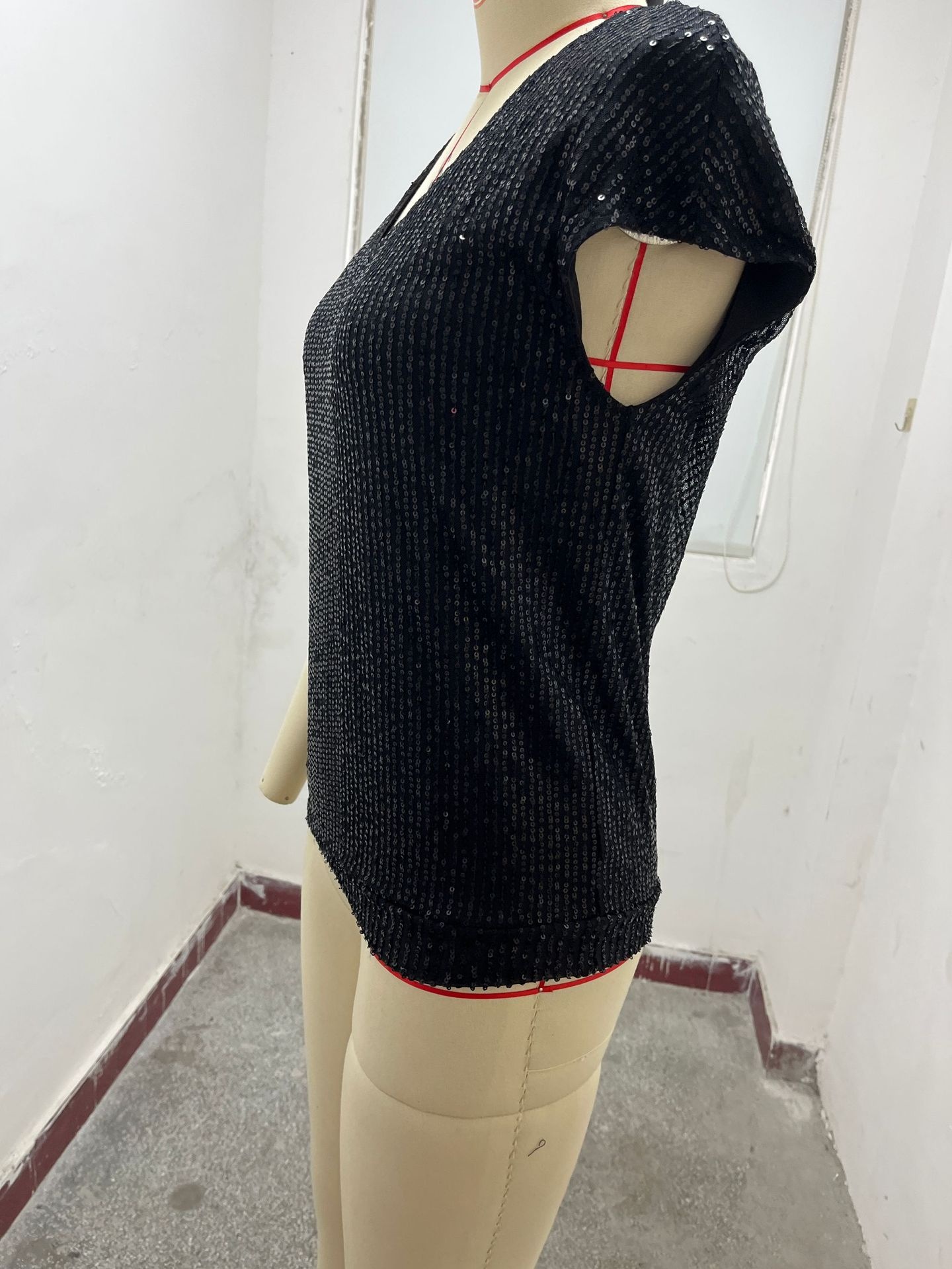 V-neck Sequin Blouse Short Sleeve Women's Elegant Summer Top_voghion.com
