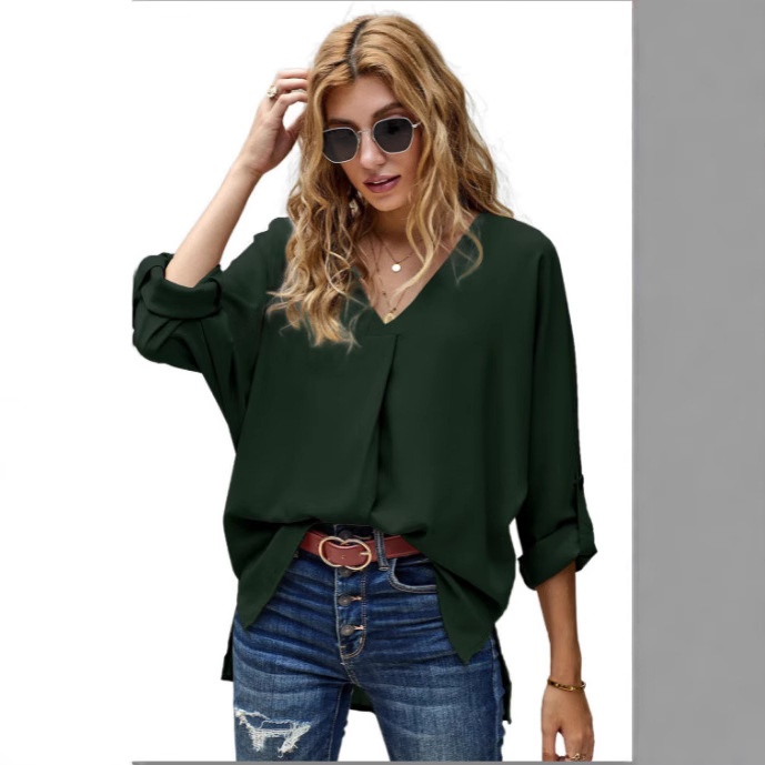 Cross-border European And American Chiffon 2023 Spring/summer Sexy V-neck Loose Plus-size Shirt Fashionable_voghion.com