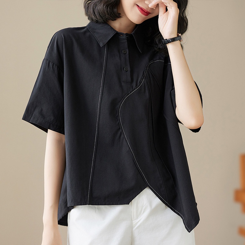 Real Shot Of 2024 Summer Korean-style Loose-fitting Irregular Niche Shirt, Solid Color Casual Design Shirt_voghion.com