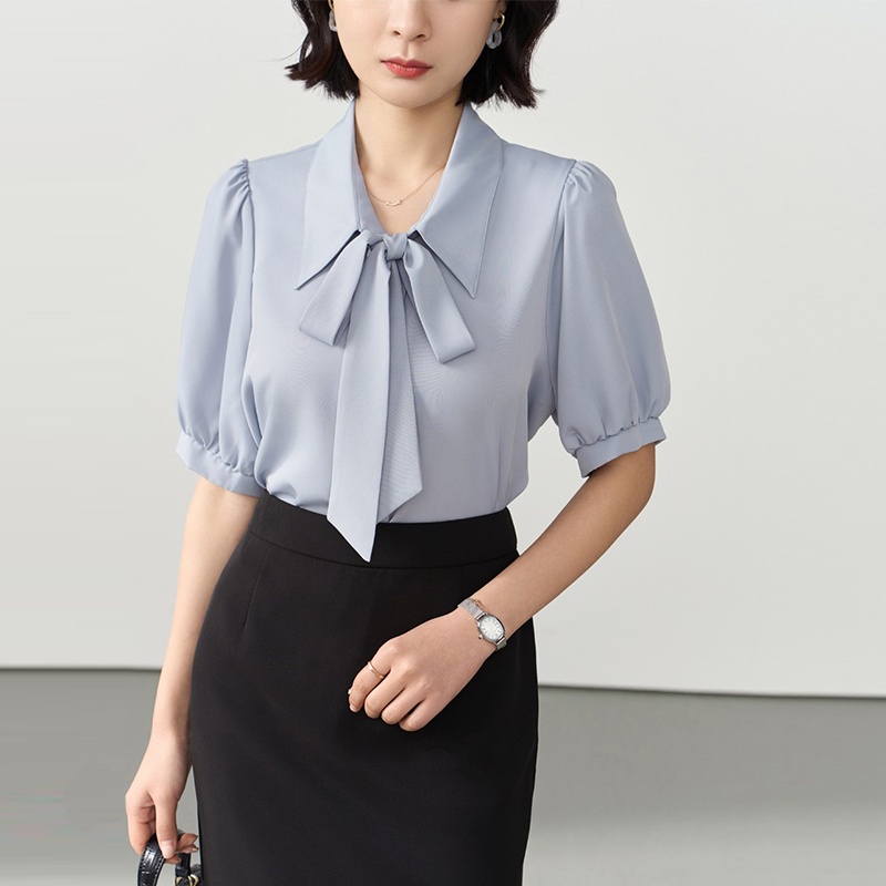 Camicia da donna in chiffon a maniche corte con fiocco, per abbigliamento professionale, bianca, con interno superiore, per colloqui_voghion.com