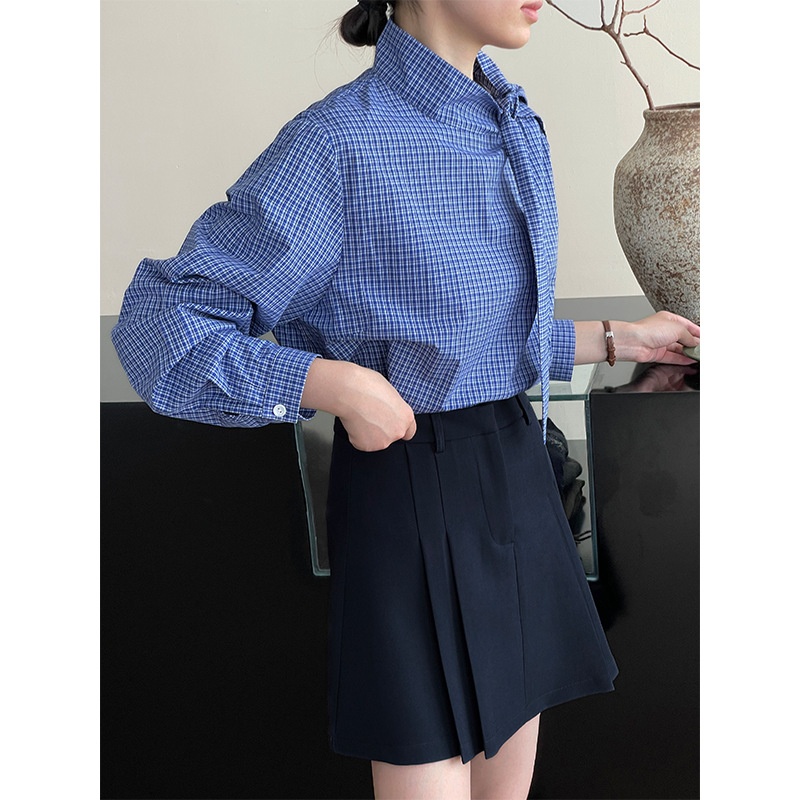 Camicia a maniche lunghe da donna Taochuan in 100% cotone a quadri blu con lacci, autunno 2024, elegante e comoda, modello 2623._voghion.com