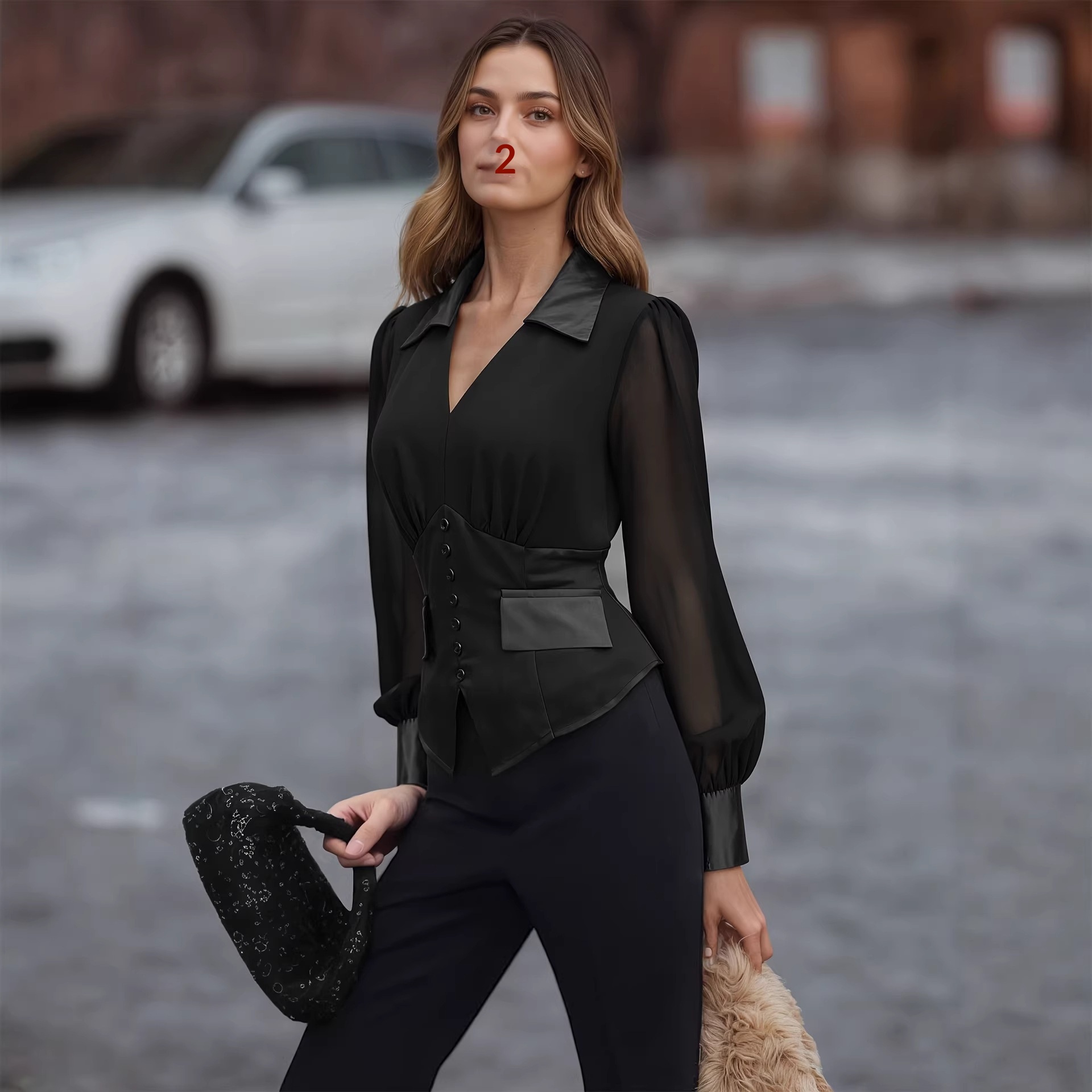 European And American Trendy Women's Shirt In Black Satin With Chiffon Inserts, Long Sleeves, V-neck, French-style Tie,_voghion.com