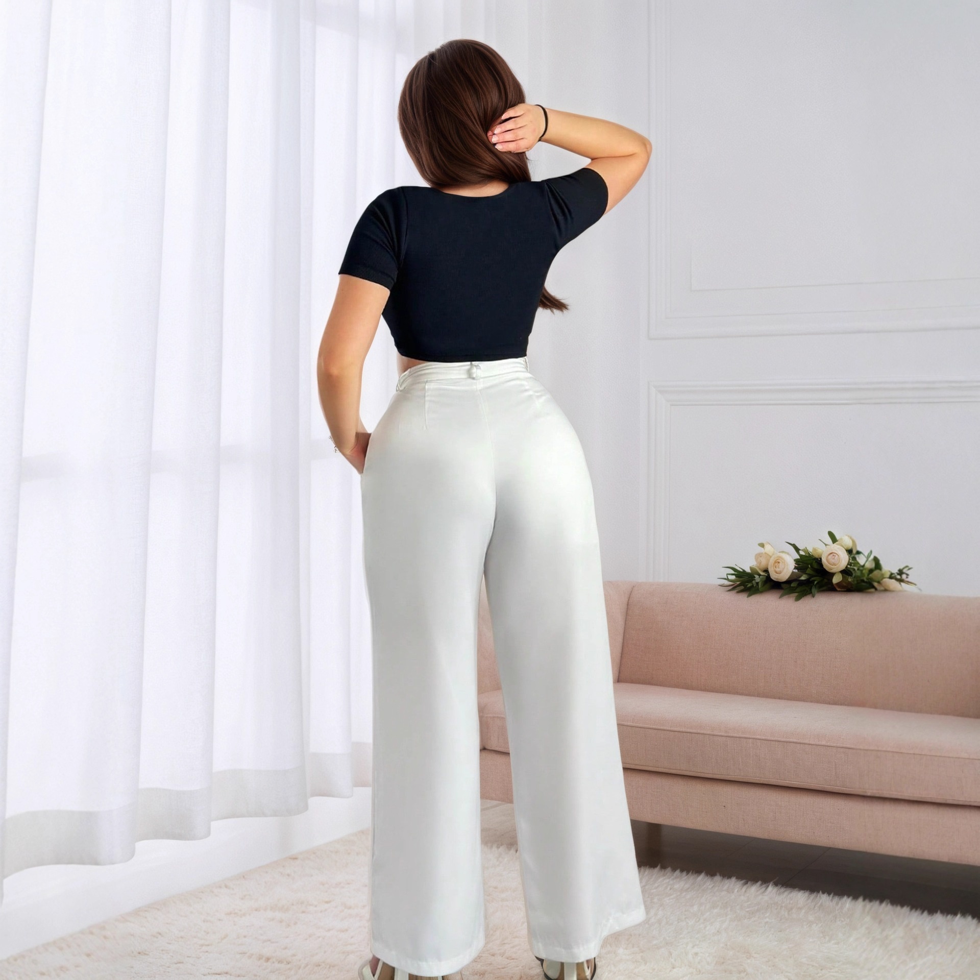 Trendy European American Women's Pants, Popular Casual And Stylish Solid Color High-waisted Wide-leg Pants With Drapey_voghion.com