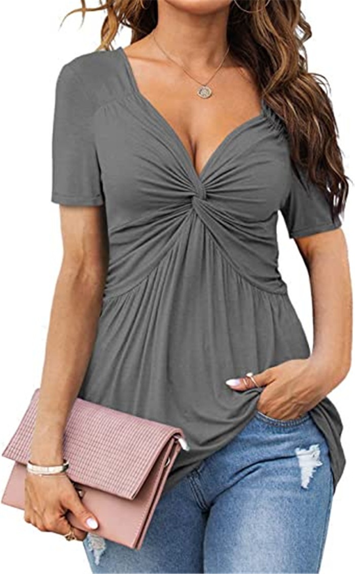 Elegantes Damen T-shirt Mit V-ausschnitt Und Front-twist Kurzarm_voghion.com