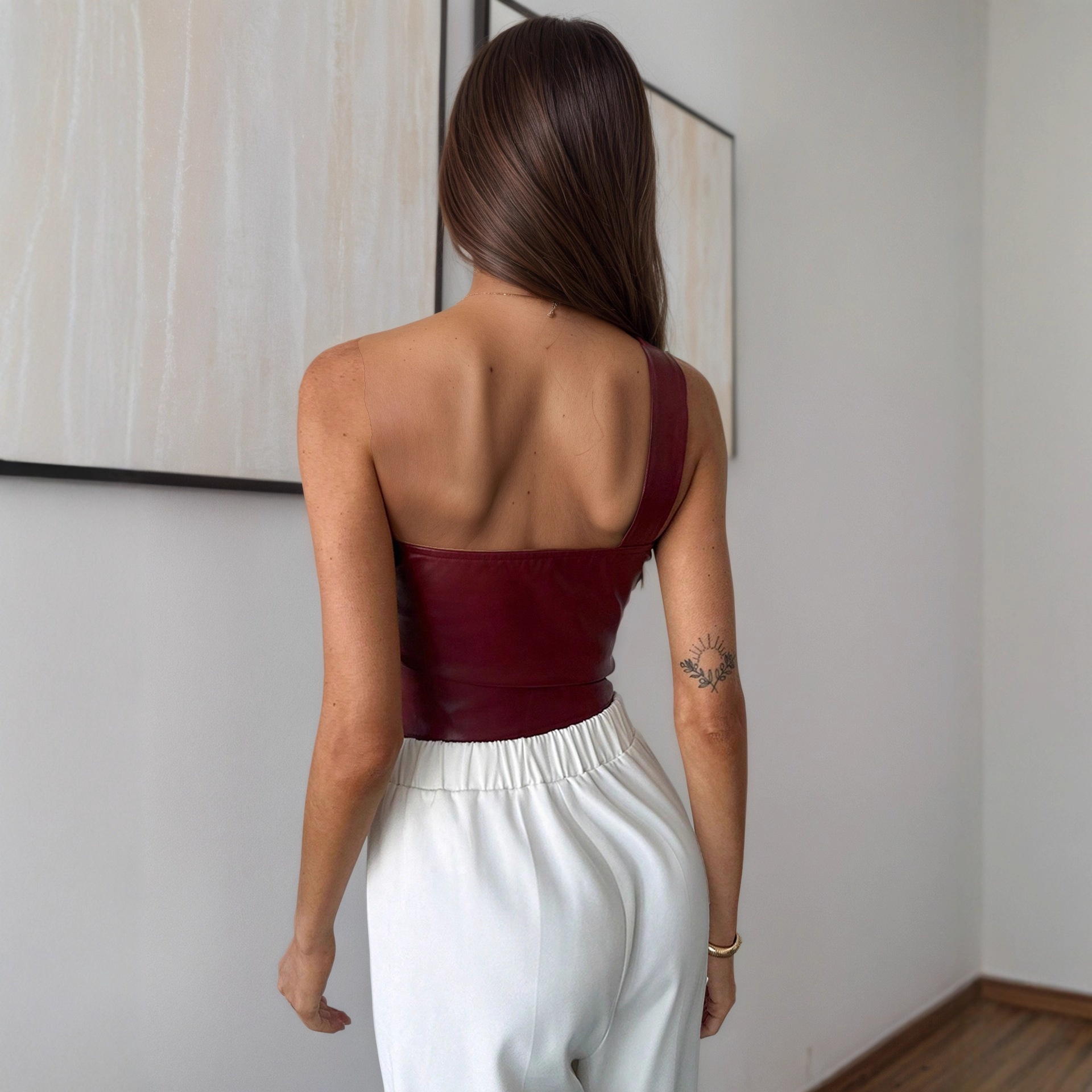 high Street Sweet Spicy Style Irregular Shiny Tank Top, European And American Casual Outerwear PU Leather One-shoulder_voghion.com