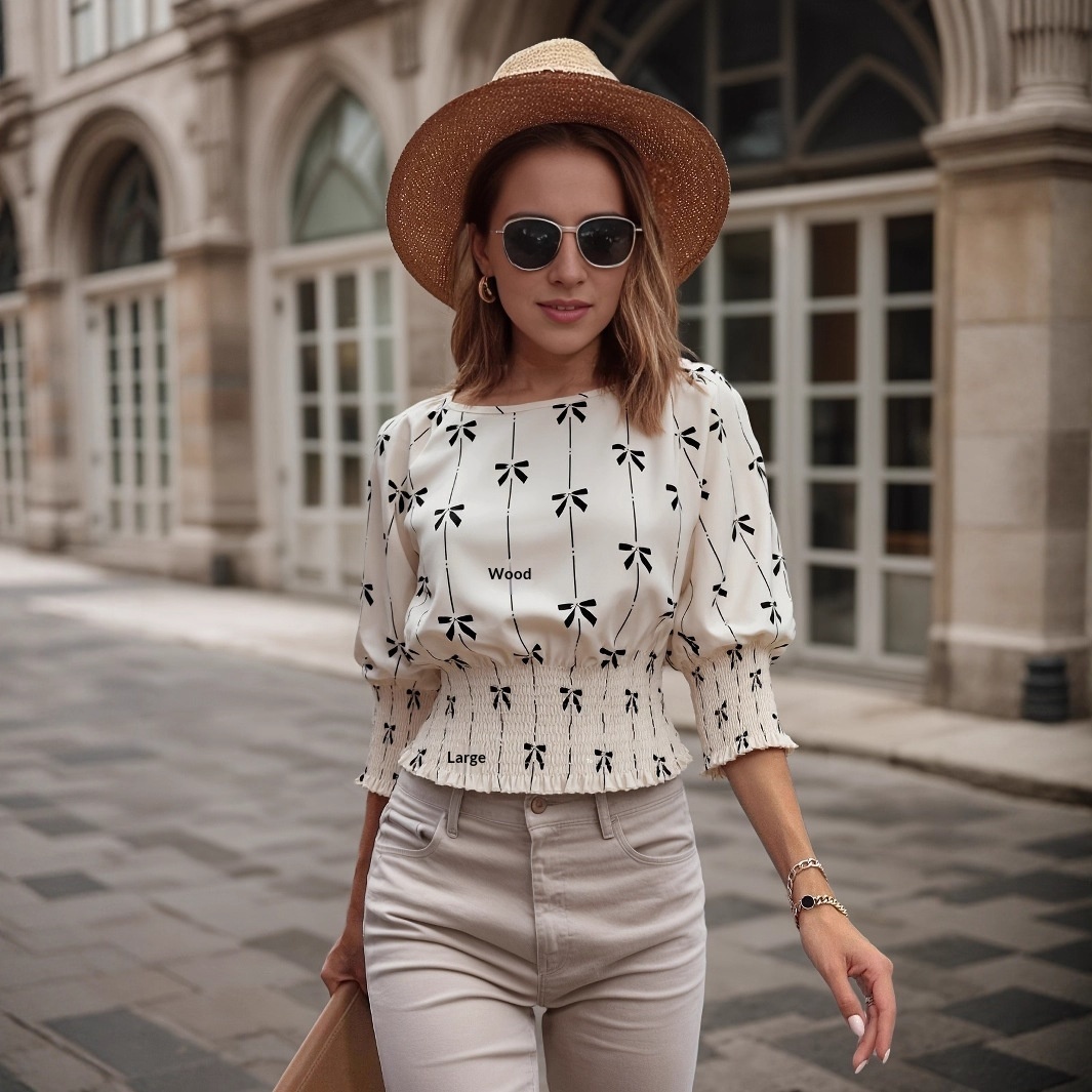 Modisches, bedrucktes russisches Frühlings-/Sommerhemd im europäischen und amerikanischen Stil mit geraffter Taille, Laternenärmeln und Rüschen._voghion.com
