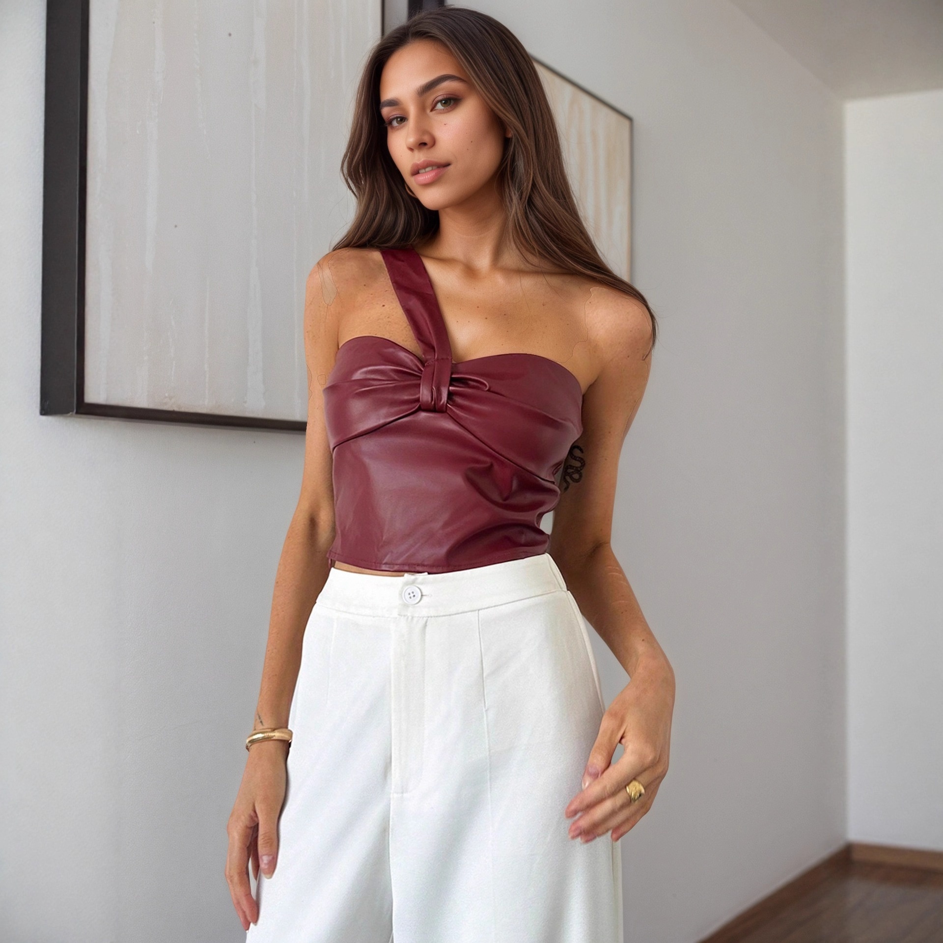 high Street Sweet Spicy Style Irregular Shiny Tank Top, European And American Casual Outerwear PU Leather One-shoulder_voghion.com
