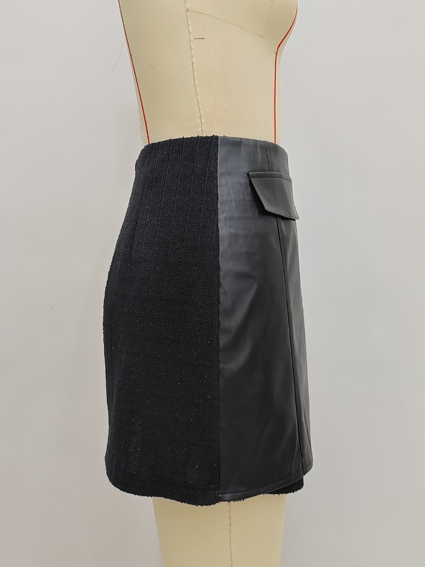 Women's Leather Patchwork A-line Skirt With Back Zipper And Pocket_voghion.com