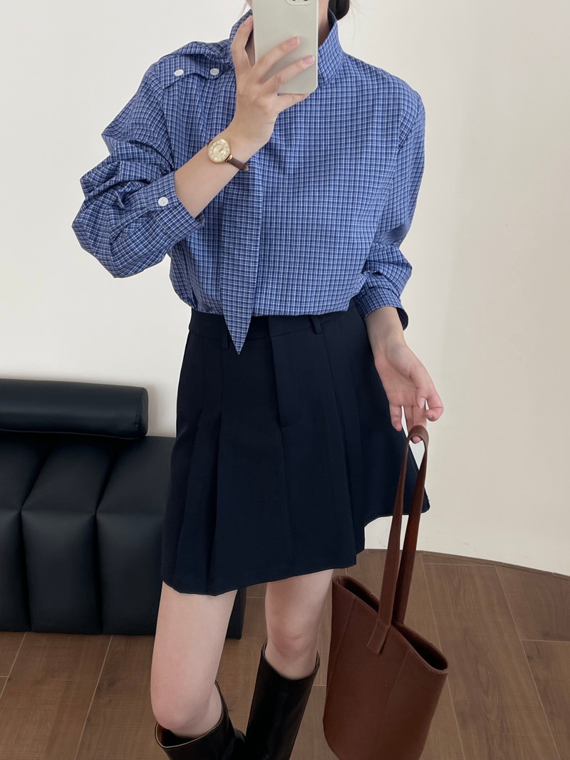 Camicia donna a quadri con lacci maniche lunghe blusa elegante_voghion.com