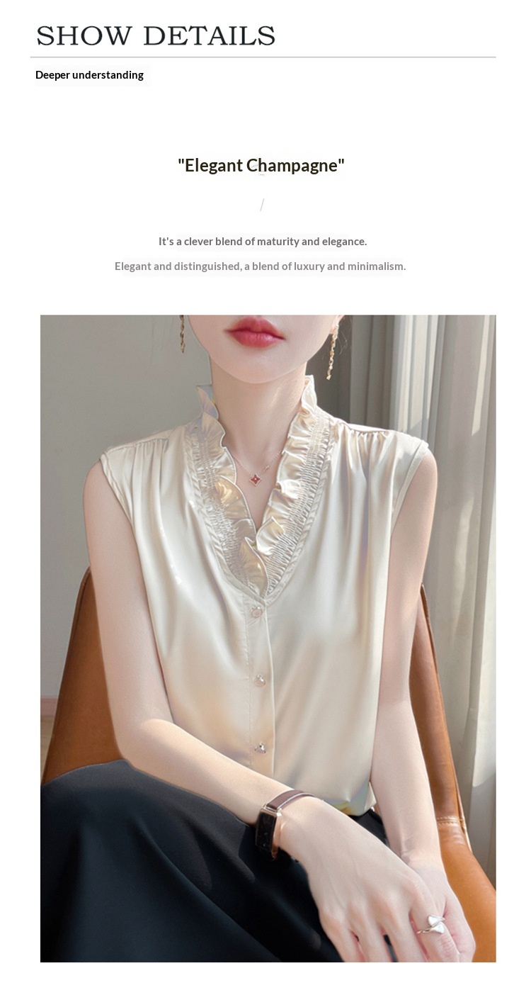 Women's Ruffled Edge Blouse Elegant Versatile Sleeveless Top_voghion.com