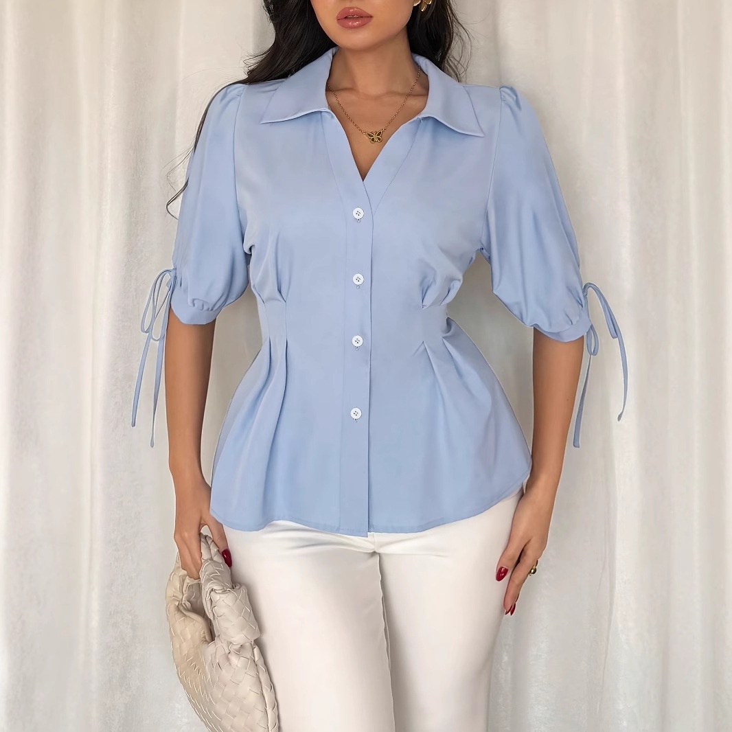 Camicia da donna stile europeo-americano, modello slim-fit a trapezio, con maniche corte, polsini da annodare e design a pieghe, ideale per la primavera/estate._voghion.com