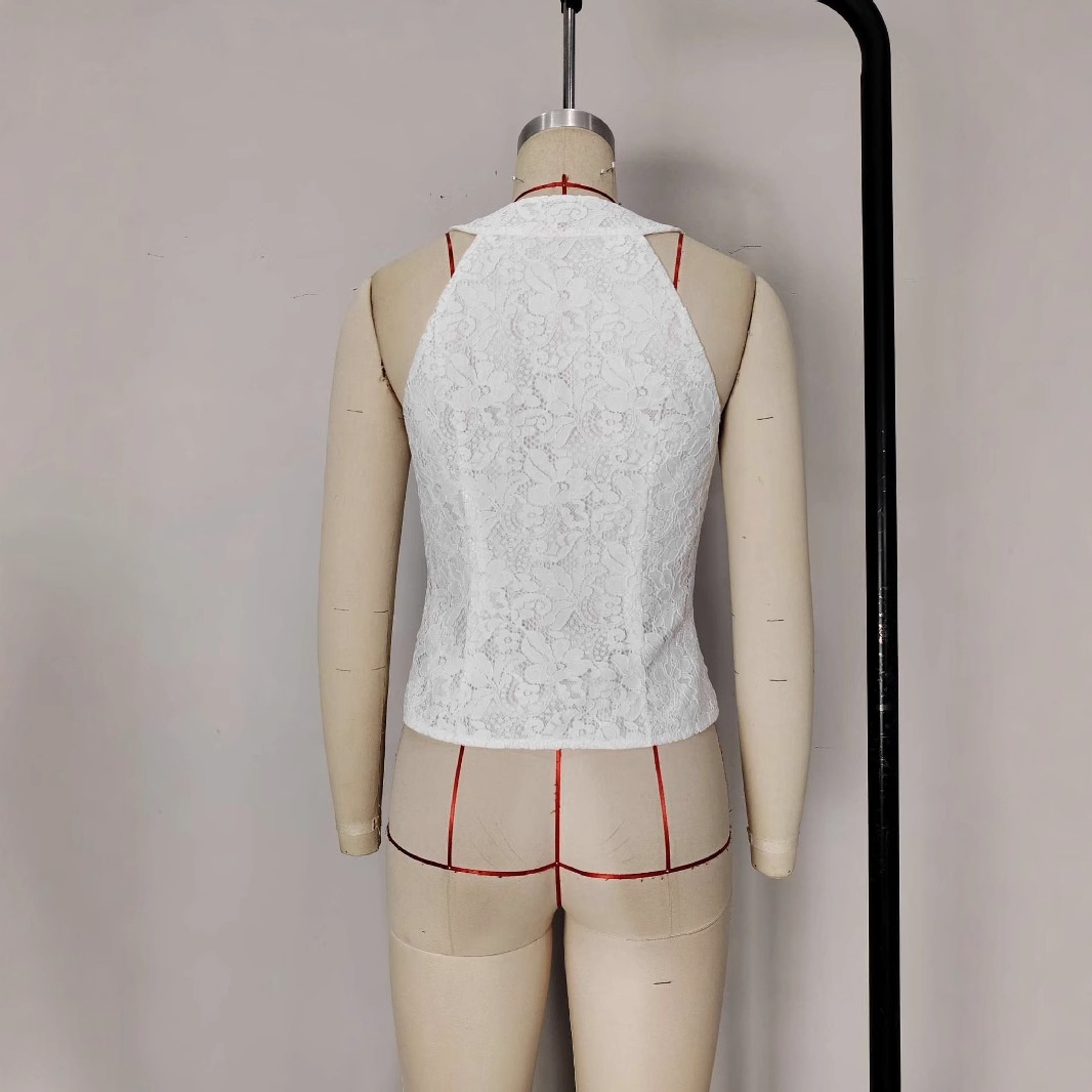 Chaleco blanco de diseño transfronterizo con cuello en V, botonadura sencilla y ribete de encaje, estilo intelectual, para mujer, corte ajustado y sin mangas._voghion.com