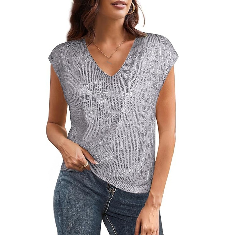 2025 European And American Foreign Trade Cross-Border Independent Station V-Neck Sequin Short Sleeve Women's_voghion.com
