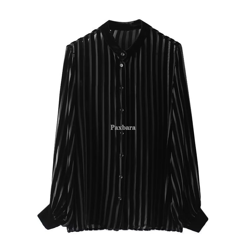 Camicia in velluto a righe semitrasparente da donna, nuova collezione primavera 2024, stile europeo e americano, 9390109_voghion.com