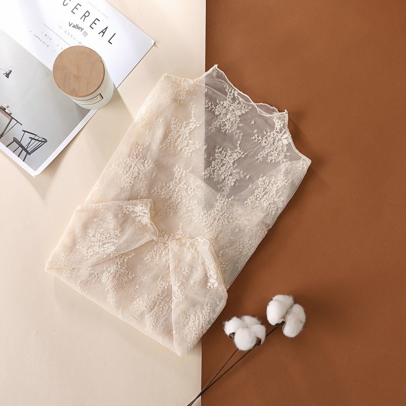 Nuova camicia di alta gamma con base in pizzo per donna, primavera e autunno 2025, top aderente a maniche lunghe in rete, sexy e di grande successo._voghion.com