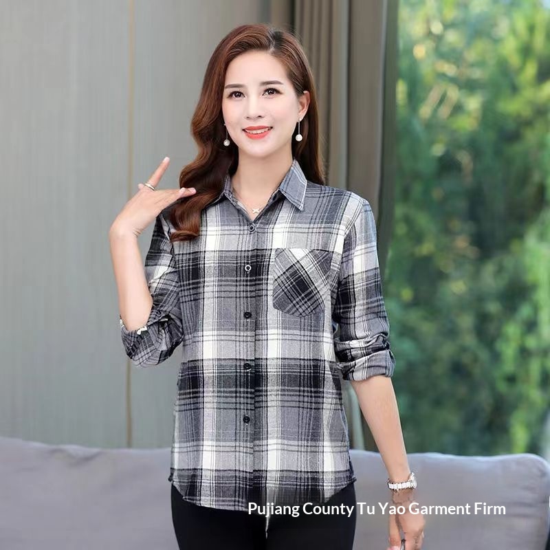 Women's Long-sleeve Plaid Blouse For Middle-aged And Elderly Women_voghion.com