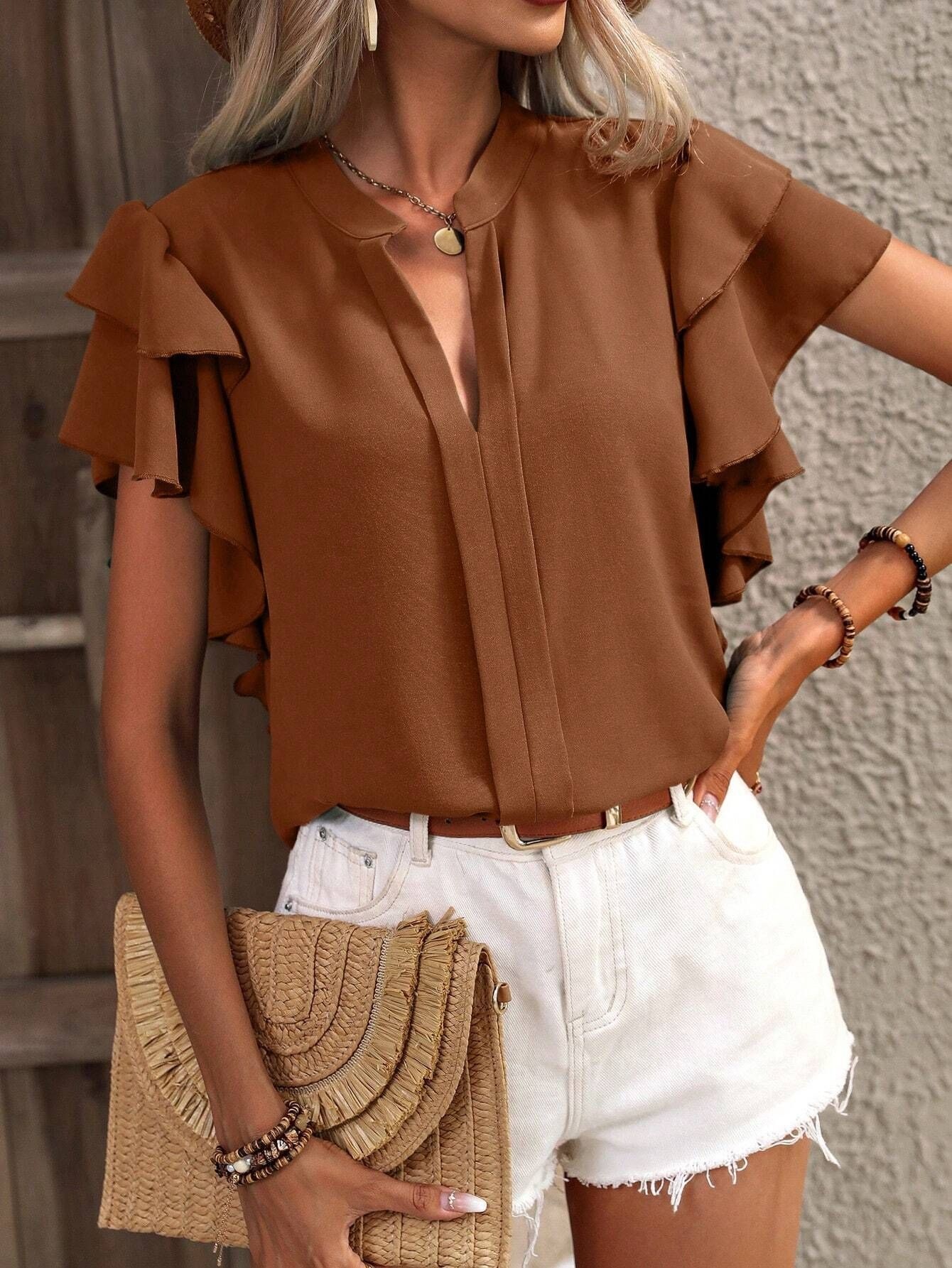 Women's V-neck Blouse With Ruffle Sleeves Summer Casual Style_voghion.com