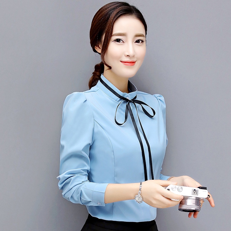 Camicia da donna professionale a maniche lunghe con colletto alto e papillon, stile autunnale, maniche a sbuffo, vestibilità slim._voghion.com
