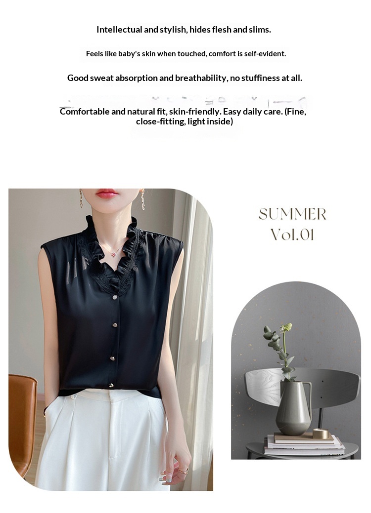 Women's Ruffled Edge Blouse Elegant Versatile Sleeveless Top_voghion.com