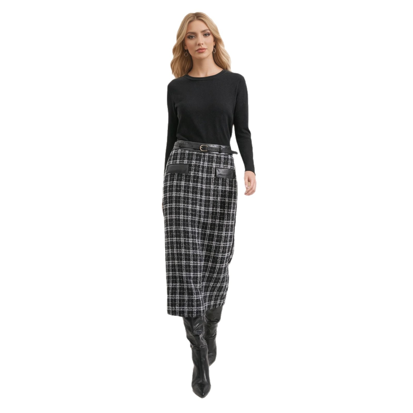 Stylish 2026 Spring Autumn New High-Waisted Fashionable Retro Plaid Long Skirt With PU Leather And Knit Splicing_voghion.com