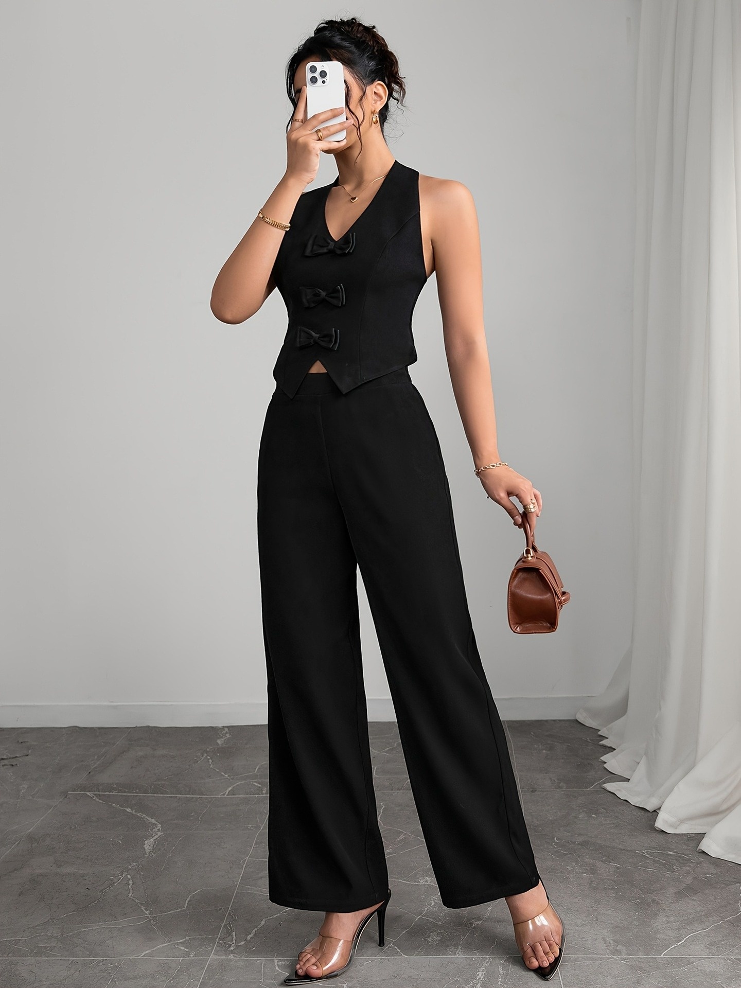 Dam lounge jumpsuit med väst fluga och långbyxor set_voghion.com