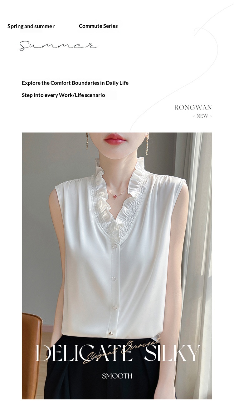 Women's Ruffled Edge Blouse Elegant Versatile Sleeveless Top_voghion.com